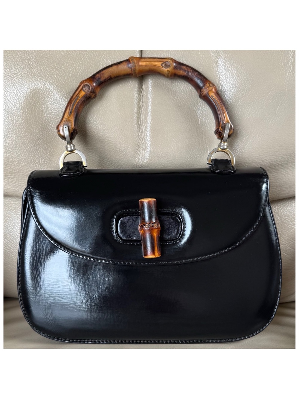 Rare Authentic Vintage Gucci 1947 Black Leather Bamboo Top Handle Turn Lock Bag